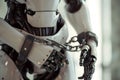 robot hands shackled in chains for the concept of constraints and regulation of artificial intelligence