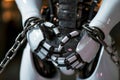 robot hands shackled in chains for the concept of constraints and regulation of artificial intelligence