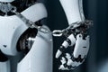 robot hands shackled in chains for the concept of constraints and regulation of artificial intelligence