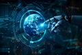 Robot hands touching hologram globe on a digital displaying under futuristic neon lights. Generative AI