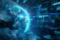 Robot hands touching hologram globe on a digital displaying under futuristic neon lights. Generative AI.