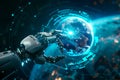 Robot hands touching hologram globe on a digital displaying under futuristic neon lights. Generative AI.