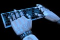 Robot hands typing on keyboard, keypad. Robotic hand cyborg using computer. 3d render realistic illustration