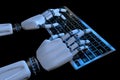 Robot hands typing on keyboard, keypad. Robotic hand cyborg using computer. 3d render realistic illustration Royalty Free Stock Photo