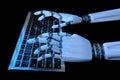 Robot hands typing on the keypad in dark background. Robotic arm cyborg using computer. 3d render realistic illustration