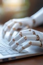 Robot Hands Typing on Laptop Keyboard, Artificial Intelligence and Automation Concept Royalty Free Stock Photo