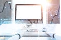 Robot hands typing, mock up computer screen, graph Royalty Free Stock Photo
