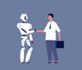 Robot handshaking. Businessman meeting with futuristic android character human vs cyborgs concept vector illustration