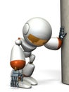 A robot that is hanging on a pillar. He is exhausted.