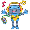 The robot is happily wearing headphones listening to music from a smartphone, doodle icon image kawaii Royalty Free Stock Photo