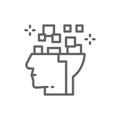 Robot head, brain connected to circuit board, digital thinking, artificial intelligence line icon.