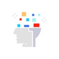 Robot head, brain connected to circuit board, digital thinking, artificial intelligence white line icon.