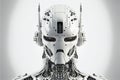 Robot head on empty white background. Ai Generative image. Royalty Free Stock Photo