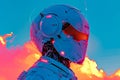 Robot with head that resembles white helmet has flame emanating from its chest. Generative AI Royalty Free Stock Photo