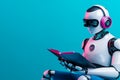 A robot with headphones and a book in his hands Royalty Free Stock Photo