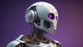 robot with headphones and wires on a purple background. generative ai