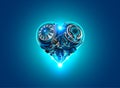 Mechanical robot heart. metal mechanism in the form of heart on a blue background. Valentine`s day card. technology, robots