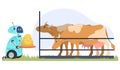Robot helper assisting feeding cow in stall vector illustration