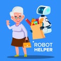 Robot Helper Carrying Cart With Products Of Elderly Woman Vector. Isolated Illustration