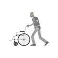 Robot helper pushing a wheelchair isolated. Cyborg assistant helps a disabled person on a wheelchair