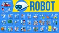 Robot Helper Set Vector. Future Lifestyle Situations. Working, Communicating Together. Cyborg, AI Futuristic Humanoid