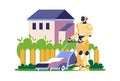 Robot helping to mow lawn at backyard, vector