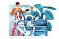 Robot helps human to do work, vector illustration.
