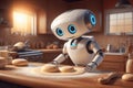 A robot helps a person cook food. Robot baking a pie in the kitchen