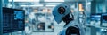 Robot in a high-tech laboratory engaged in data analysis with blinking lights and multiple computer screens in the Royalty Free Stock Photo