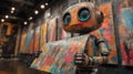 Robot holding abstract painting in an art gallery Generative AI