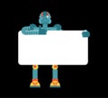 Robot holding banner blank. Cyborg and white blank. Robotic man