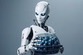 Robot holding a basket full of blue balls. 3d rendering, Futuristic AI robot farmer holding a basket of fresh fruits, AI Generated