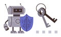 Robot Protecting Digital Keys with Binary Code Shield Symbolizing Cybersecurity and Data Encryption Royalty Free Stock Photo