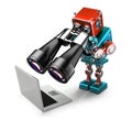 Robot holding binoculars and looking at laptop. Searching concept. Isolated. Contains clipping path