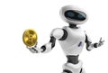 Robot holding Bitcoin. Isolate on white. Crypto Currency.