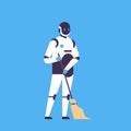 Robot holding broom cleaning service concept house bot helper artificial intelligence blue background flat full length