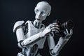 Robot holding a camera on a dark background. 3d rendering. Futuristic AI robot photographer, model actor doing a photoshoot, AI