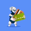 Robot Holding Credit Cards On Blue Background Concept Modern Artificial Intelligence Computer Payment Technology