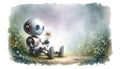 Robot holding a daisy in a field of flowers Royalty Free Stock Photo