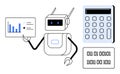 Robot Analyzing Data with Charts, Calculator, and Binary Code for Technology and Automation Concept Royalty Free Stock Photo