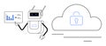 Robot analyzing data with a digital chart and cloud security representation featuring a padlock Royalty Free Stock Photo
