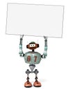 A robot holding an empty poster above its head