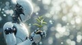 robot holding green sprout under snowfall