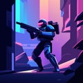 Robot holding gun in futuristic city, cartoon vector illustration. Cyberpunk character with assault rifle. Generative AI Royalty Free Stock Photo