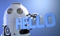 Robot holding HELLO sign. Technology concept.