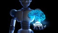 Robot holding human brain in virtual display isolated on binary Royalty Free Stock Photo