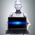 Robot holding anm opened laptop