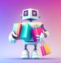 Robot holding many multicolored shopping bags over blue pink background, generative AI illustration Royalty Free Stock Photo