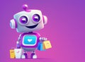 Robot holding many multicolored shopping bags over blue pink background, generative AI illustration Royalty Free Stock Photo