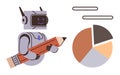 Robot Holding Pencil Next to Pie Chart Highlighting Data Analysis and Artificial Intelligence Solutions Royalty Free Stock Photo